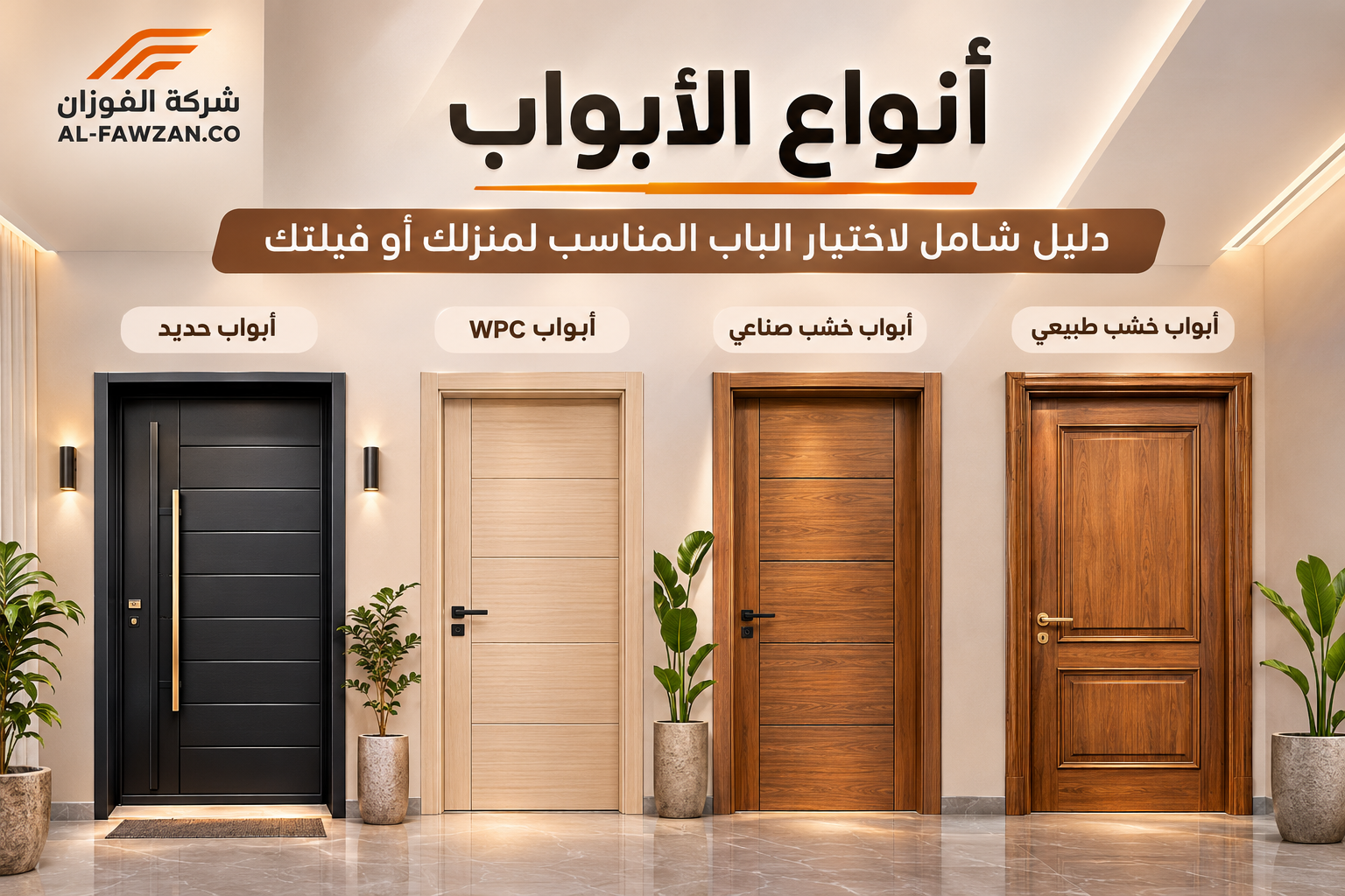 تعرّف على أنواع الأبواب الخشبية وWPC والحديد، والفرق بين الأبواب الداخلية والخارجية، وكيف تختار الباب المناسب لمنزلك أو فيلتك في السعودية.